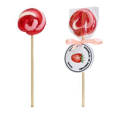 Lollipop with pieces of Strawberry, Mini round, 10g